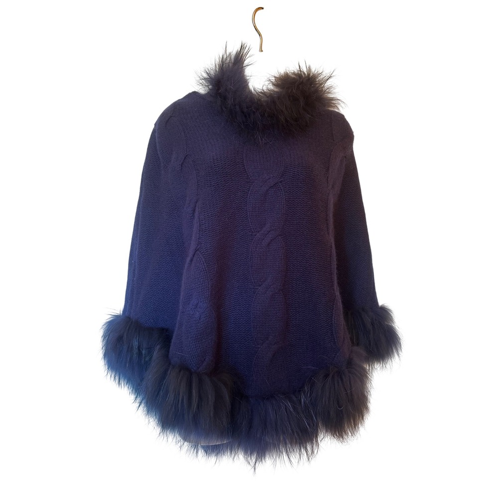 The Cashmere Project Navy Blue 100% Cashmere Fur Trim Hooded Poncho Cape L